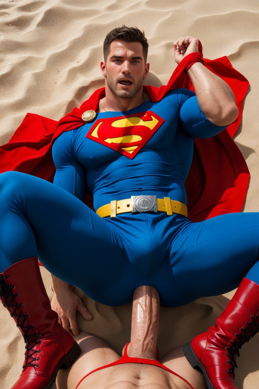 Hyper Massive Pecs, His Pecs Under His Shirt Are So Huge They Are Almost Boobs, Blue Shirt With S Logo AI Gay Porn