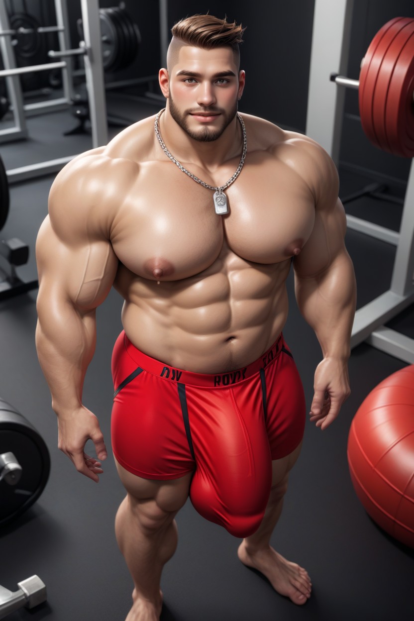 Bright Red Gym, Round Pillowy Pecs, Pretty Eyes AI Gay Porn