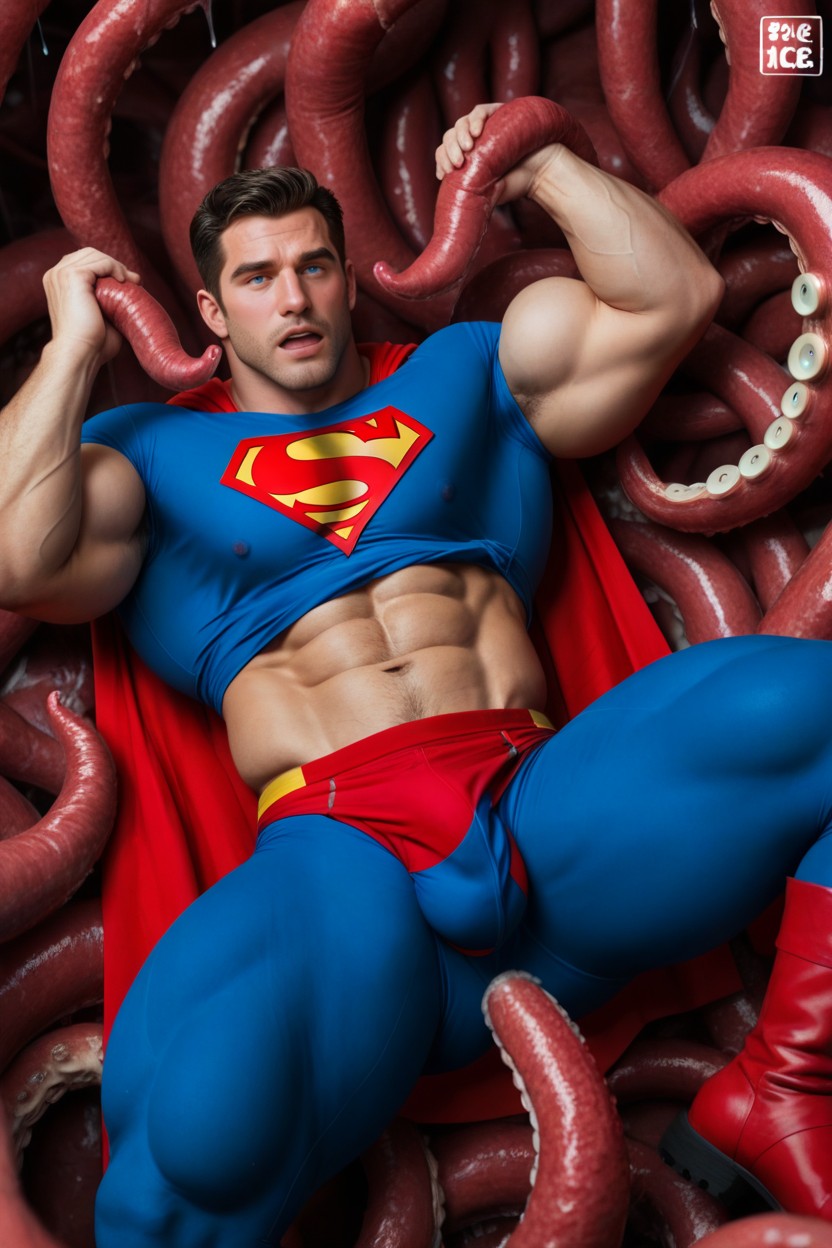 Huge Muscled Superman Caught In Tentacles, In Heat, More Muscles AI Gay Porn