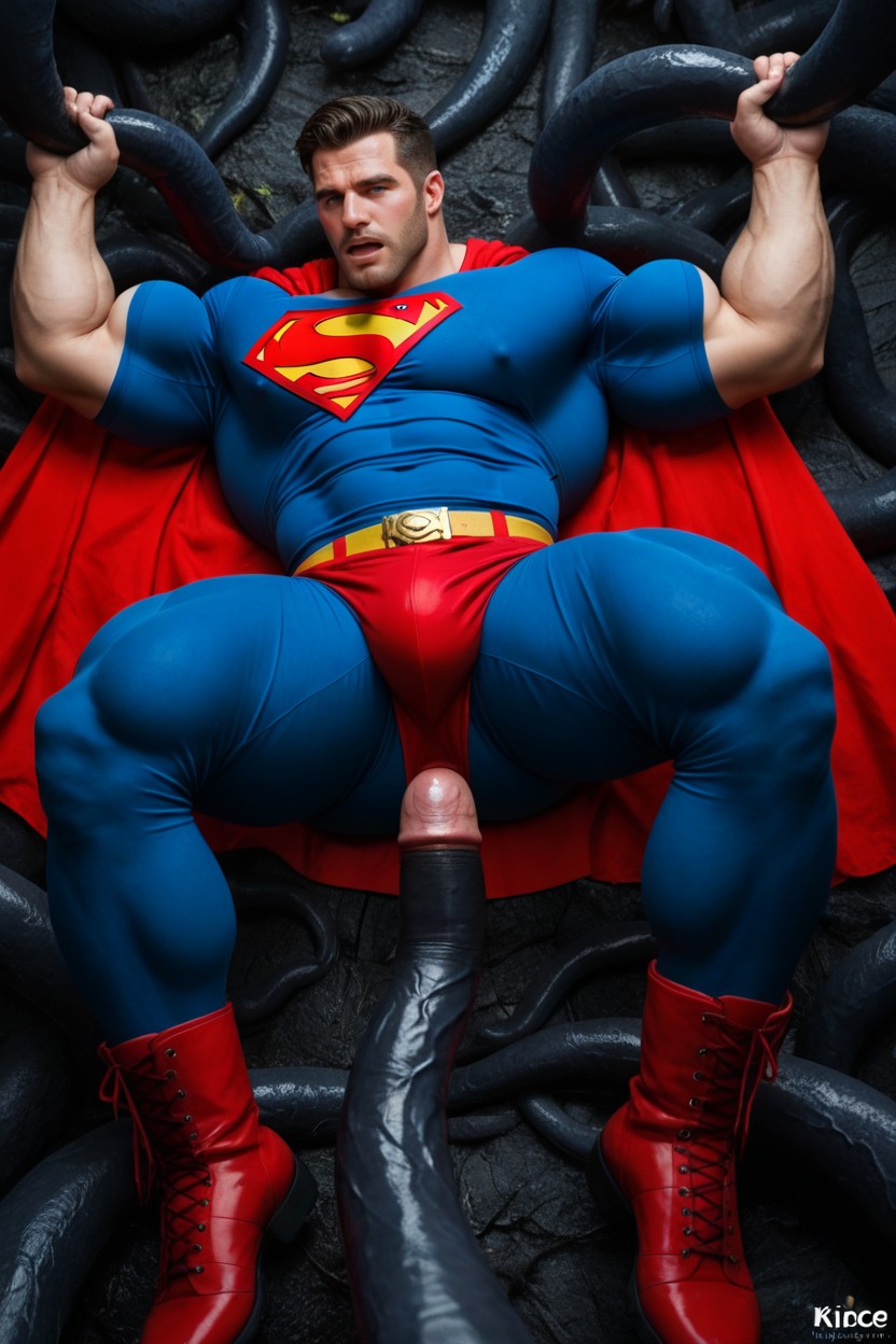 Pecs Are Hyper Boobs, Pulling His Legs Apart By The Knees, Blue Shirt With S Logo AI Gay Porn