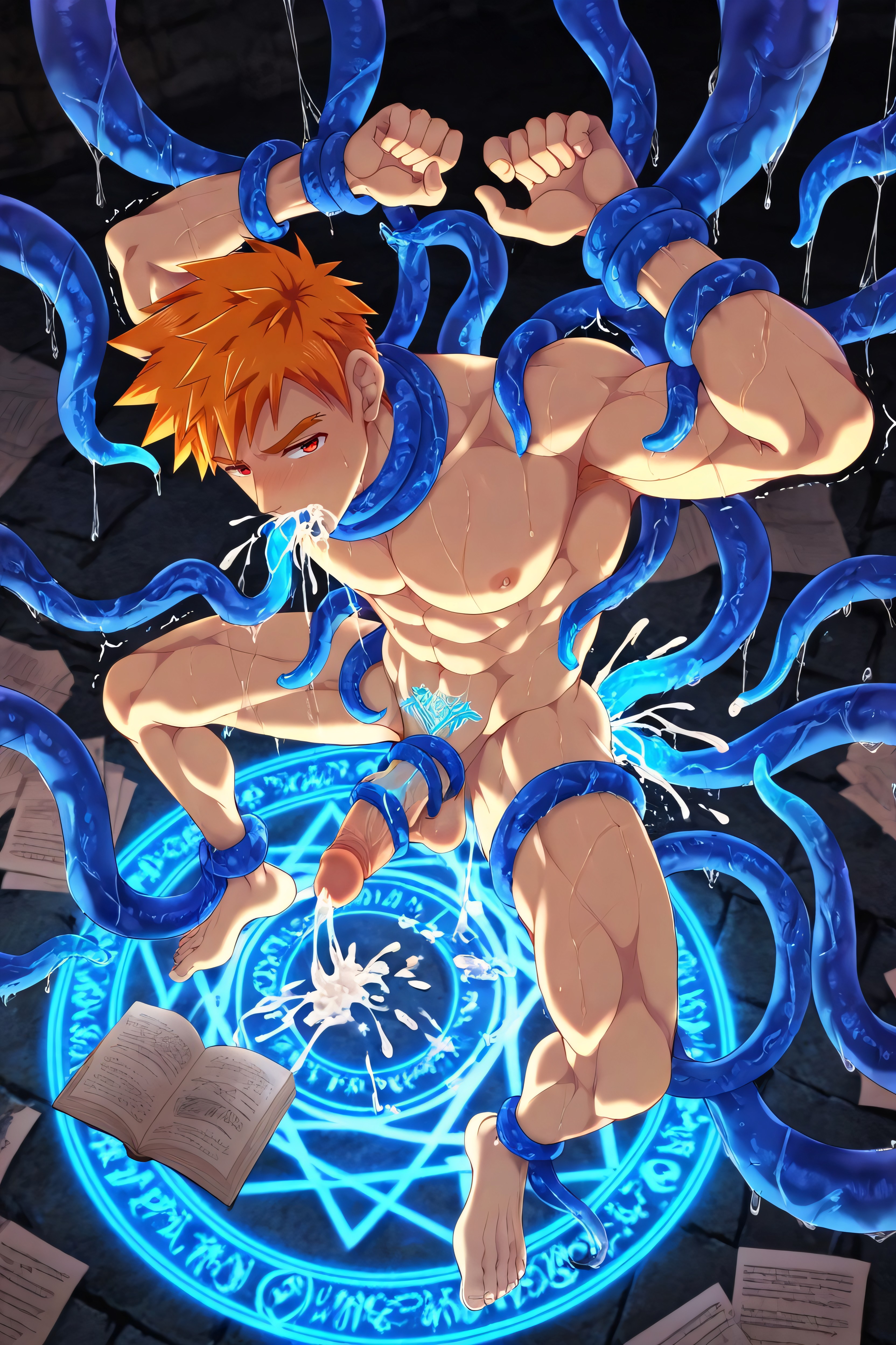 Dark Room, Pools Of Cum In The Ground, Ginormous Tentacles Emerging From The Magic Circle AI Gay Porn