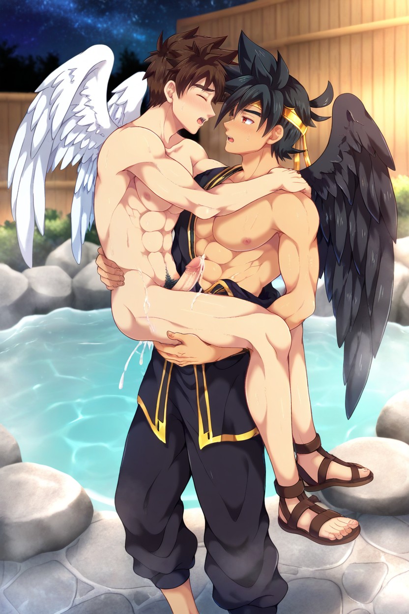 Onsen, Nintendo Icarus Franchise, Dark Pit Is Top With Black Wings AI Gay Porn
