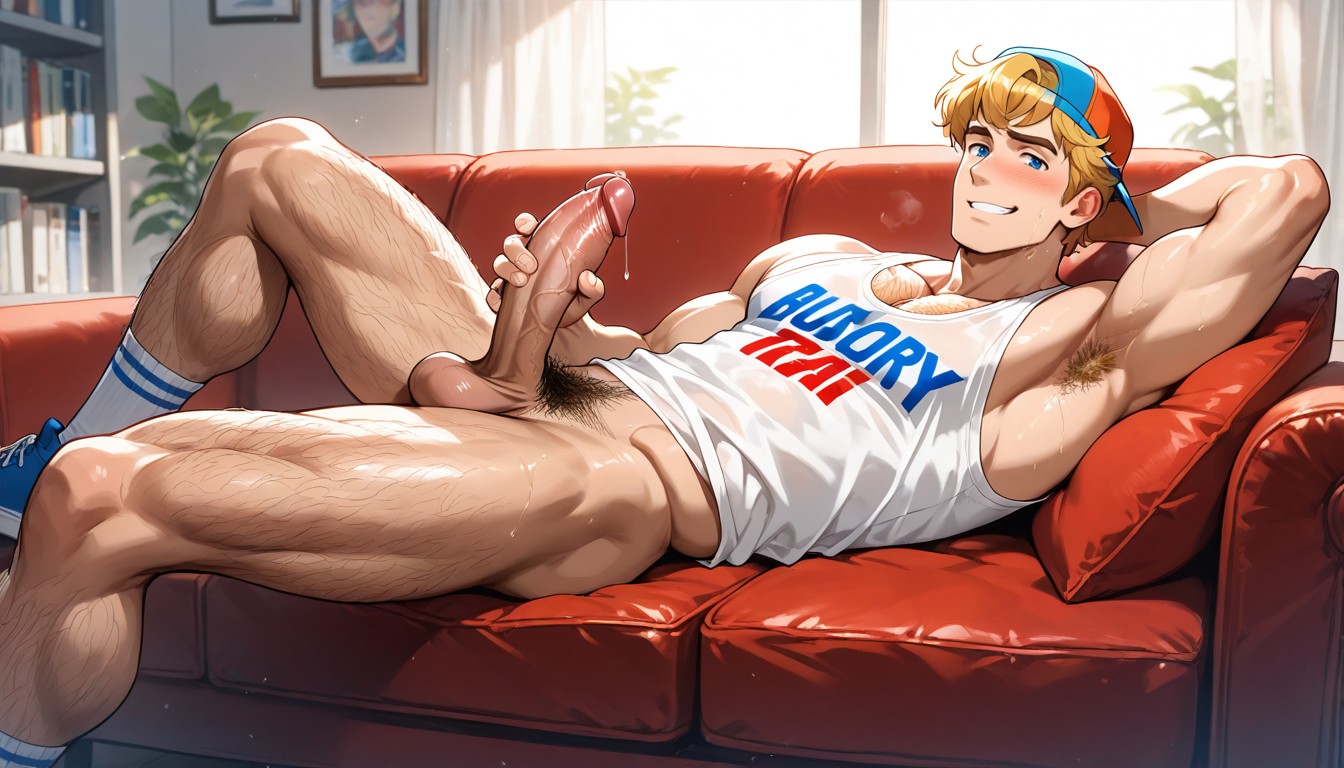 Correct Anatomy, Other Hand Is Holding The Penis, Laying On Couch AI Gay Porn