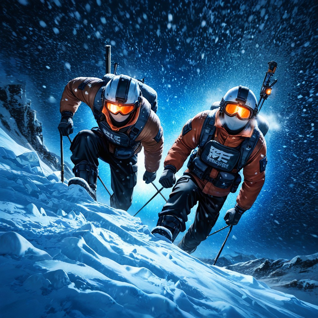 Snowstorm, Insulated Mountaineering Boots With Crampons, Snow Accumulating On Every Surface AI Gay Porn