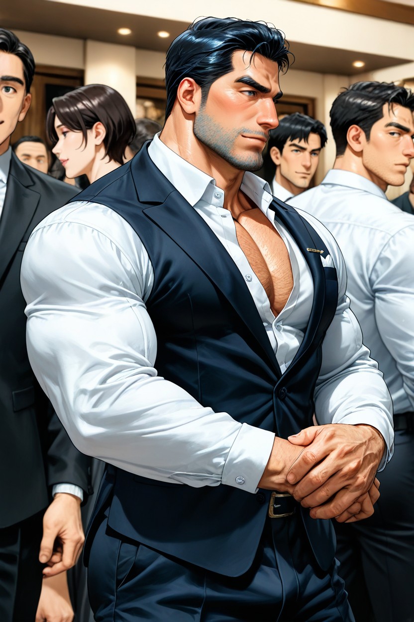 Clean Or Light Stubble, Standing Tall With A Calm, 2 People AI Gay Porn