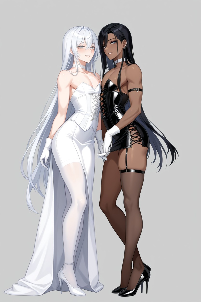 Side Angle, Very Long Black Hair, Long White Gloves AI Gay Porn