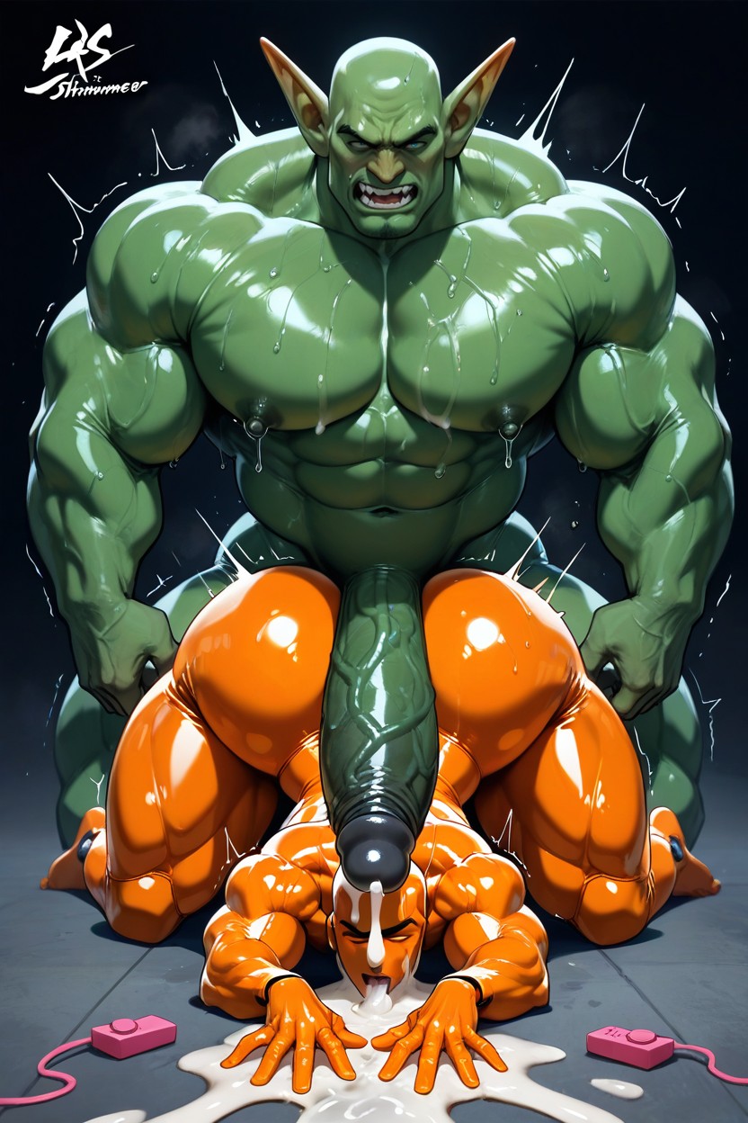 Pulsing Shoulders, Orange Latex Skin, Mostly White Fur But There Are Some Patches Of Brown AI Gay Porn