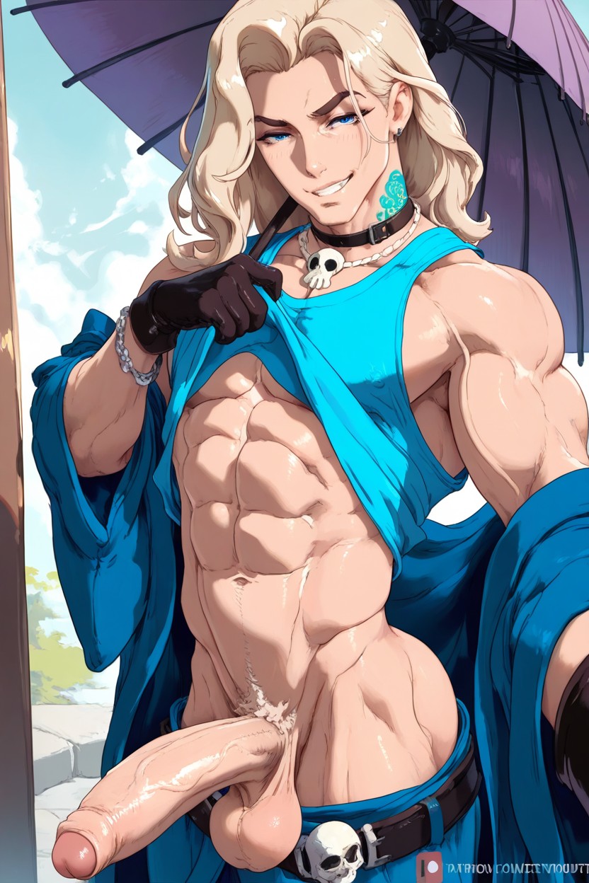 Blue Eyes, Biting Shirt, Huge Cock AI Gay Porn