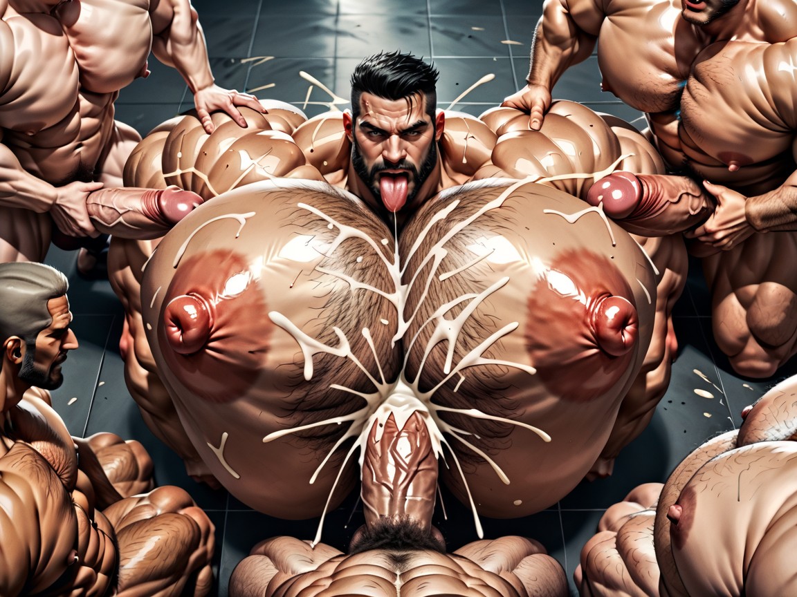 Hairy Thick Hyper Muscled Body, Front View, Cum Everywhere On Bodies AI Gay Porn