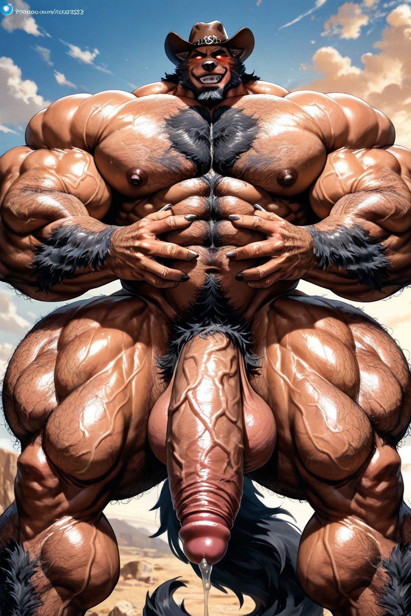 Defined Physique, Tanned Skin, A Dangerous Extremely Hairy Male Bodybuilder With A Black Beard Laying On His Front Side AI Gay Porn