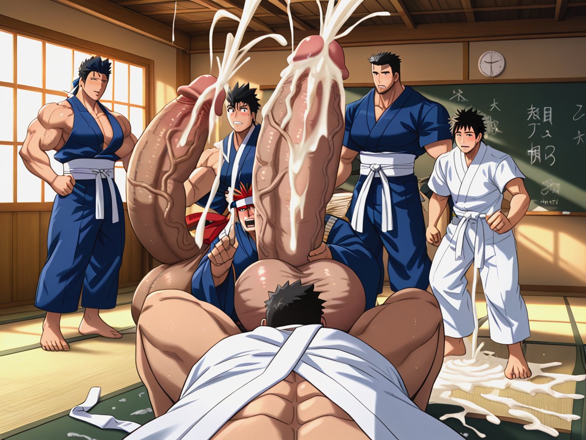 Japanese Setting, Cum Splattering Everywhere, Class Of Men In Samurai Clothing Looking At Teacher AI Gay Porn