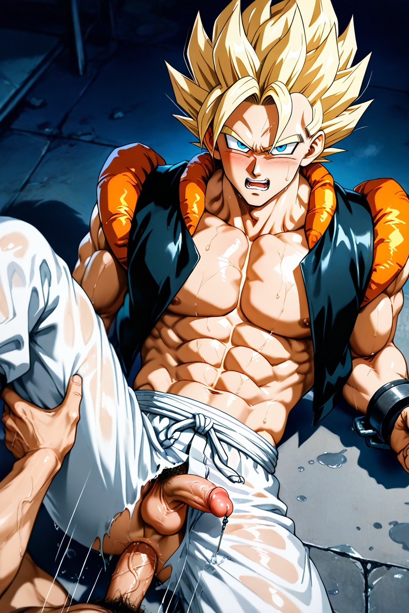 Golden Hair And Pubes, Bottom's Flaccid Penis Stroke By The Top Hand, One Leg Raised Up AI Gay Porn