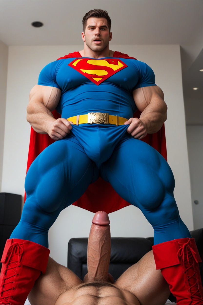 Huge Muscled Superman, Handsome, Pulling His Legs Apart By The Knees AI Gay Porn