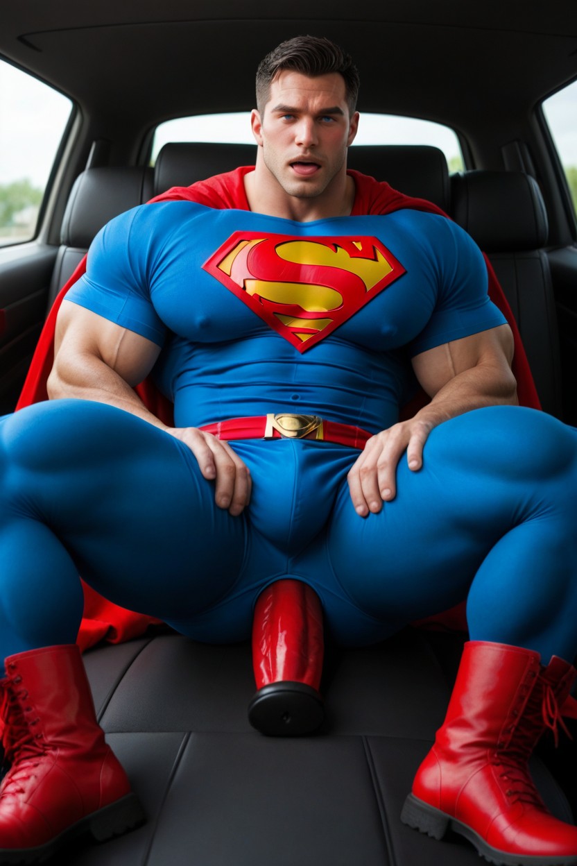 Full-face Blush, Superman Kneading His Boobs, Huge Muscled Superman AI Gay Porn
