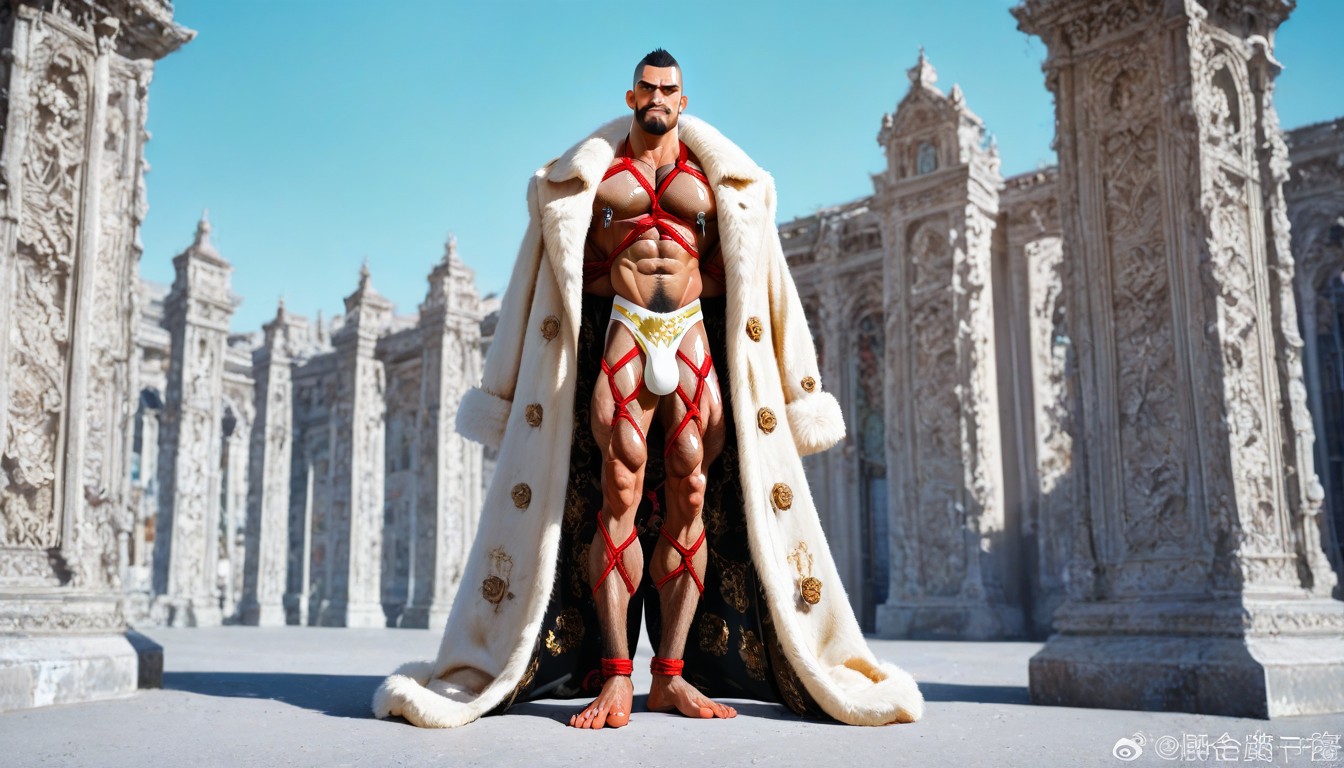 Ornate Light Pastel Color Royal Prince Coat With Fur Adornment, Earrings, Extra Veiny Cock AI Gay Porn