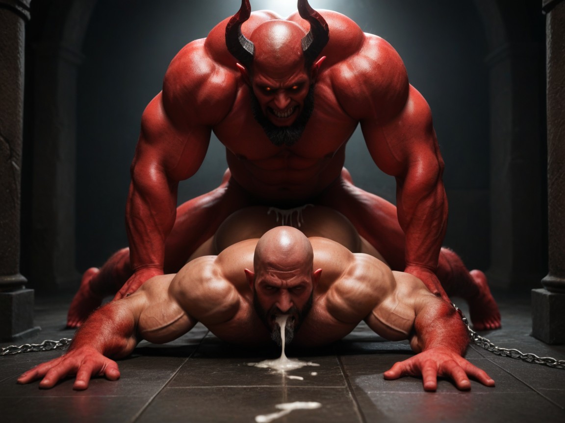 Demons Stepping On Man, Red Scary Evil Giant Devil Monsters, Multiple Red Demons Fuck Human AI Gay Porn