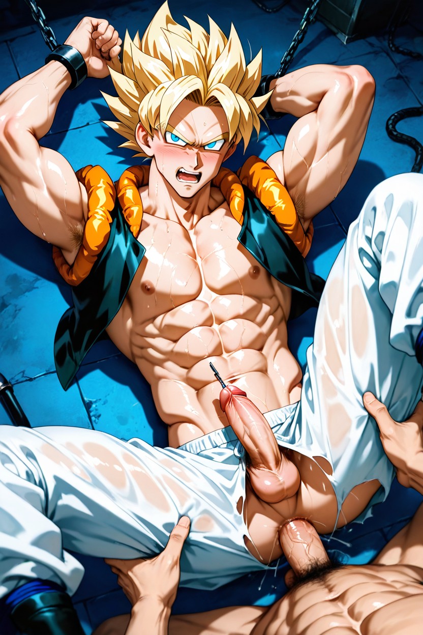 Bottom's White Pants Pulled Down To Thigh, Has Serious Face, No Tattoos AI Gay Porn