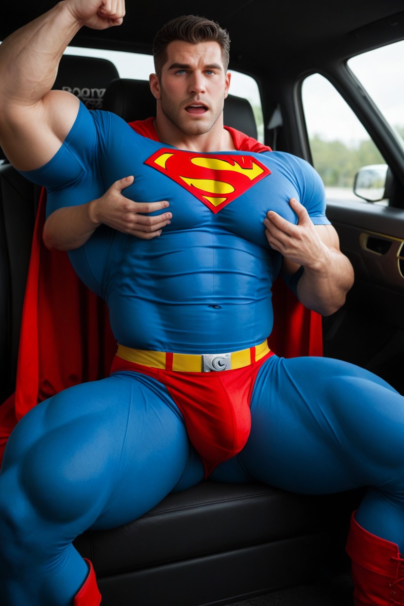 Gargantuan Bodybuilder, Huge Muscled Superman With Giant Breasts, Legs Spread Open AI Gay Porn