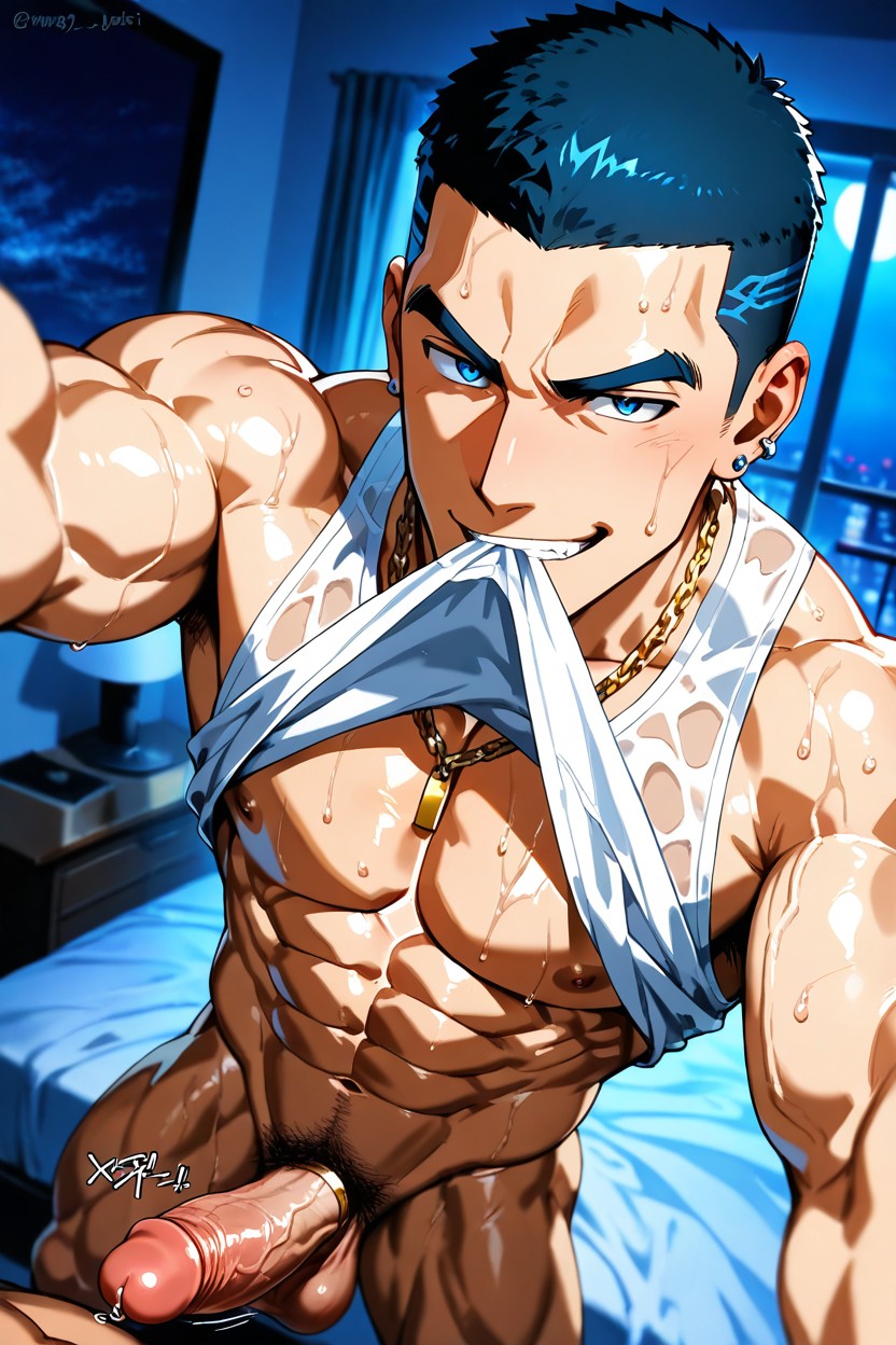 Earrings, Manful, Gold Chain Necklace AI Gay Porn