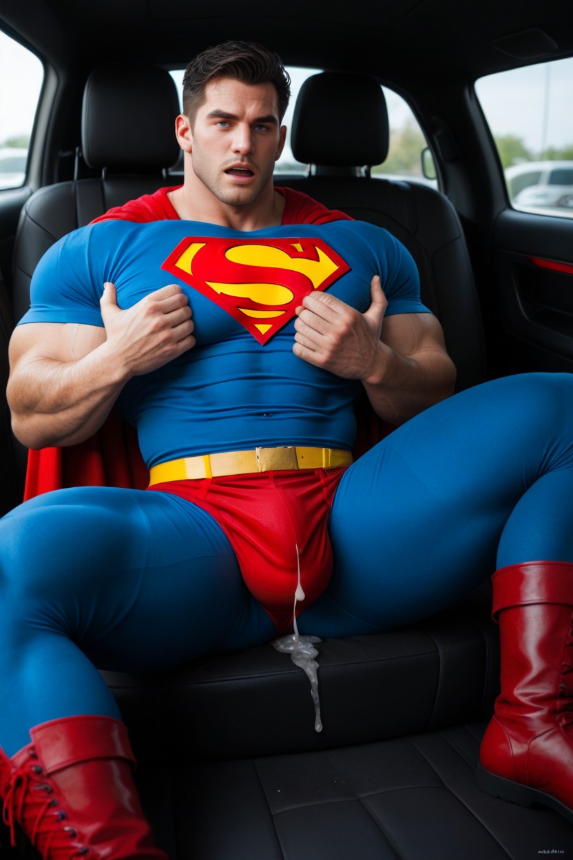 Superman Has Raging Erection Inside Red Briefs Which Are Wet With Precum, Car, Large AI Gay Porn