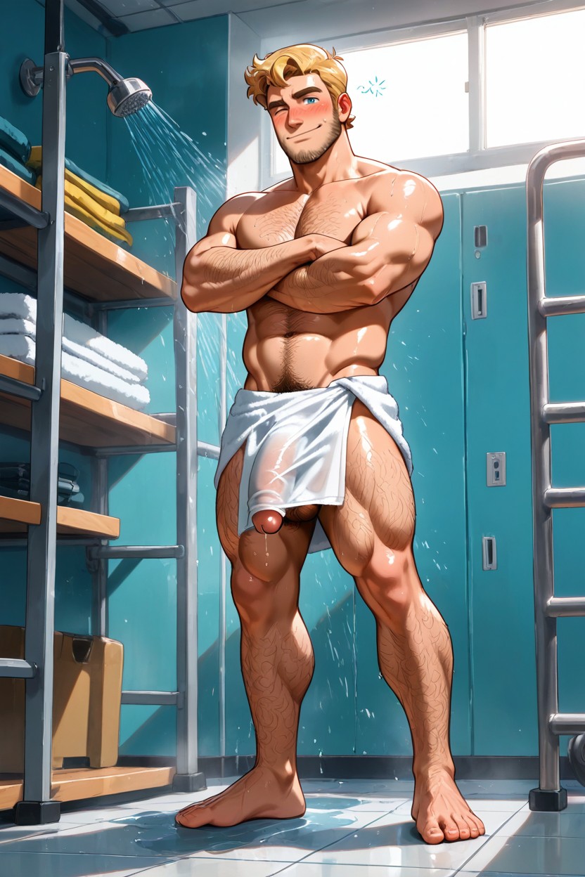 Penis Head Is Visible From Below Towel, Side View, Cute AI Gay Porn