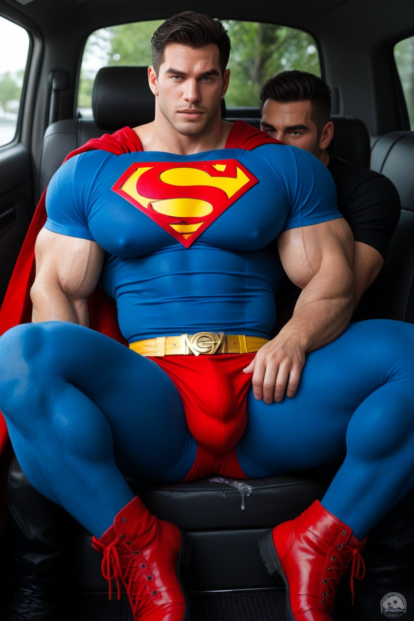 Skin Tight Blue Tights, Superman Has Raging Erection Inside Red Briefs Which Are Wet With Precum, Lying On Red Cape AI Gay Porn