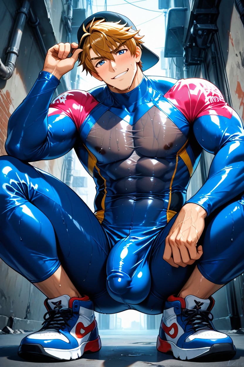 Adjusting Cap, Blue Eyes, Upward Curved Cock AI Gay Porn