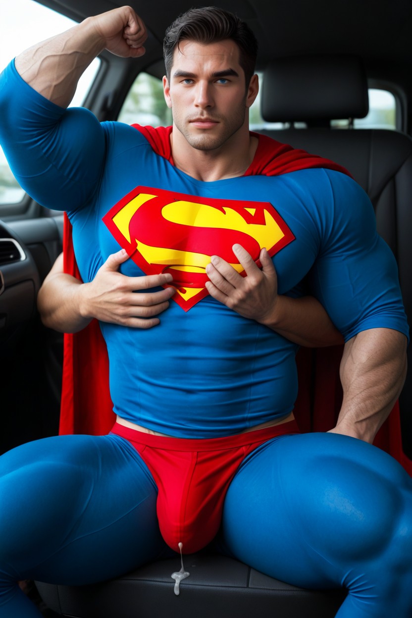 Huge Muscled Superman With Giant Breasts Sitting In Front Seat Of Car, Legs Spread Open, 25+ AI Gay Porn
