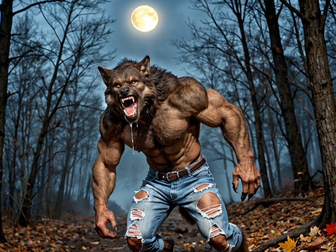 Large Yellow Full Moon In The Night Sky, Atmospheric Lighting, Werewolf Roaring With Mouth Open Aggressively AI Gay Porn