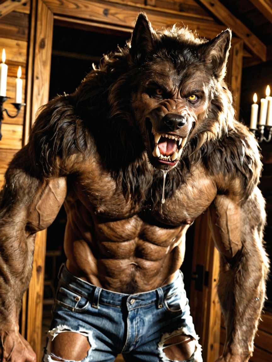 Massive Broad Shoulders, Werewolf Roaring With Mouth Open Aggressively, Hard Shadow AI Gay Porn