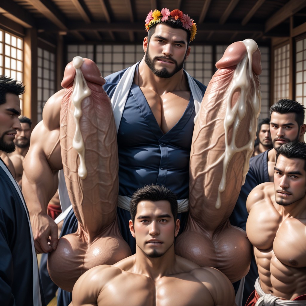 Dojo, Cum Splattering Everywhere, Masculine Manly Bearded Japanese Disciple With Open Mouth AI Gay Porn
