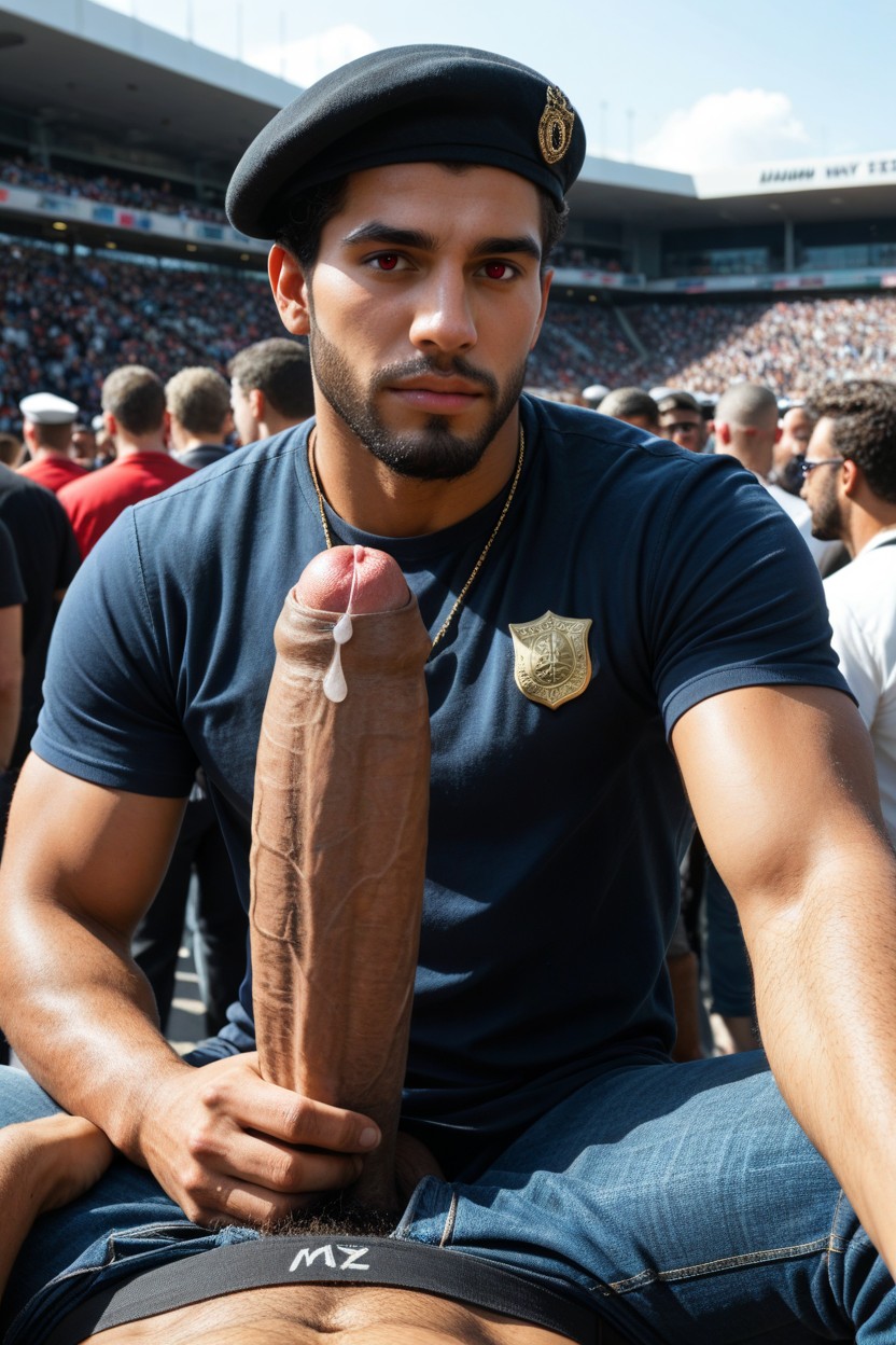 Lots Of Men In The Background, Erect Massive Cock, Precum On Face AI Gay Porn