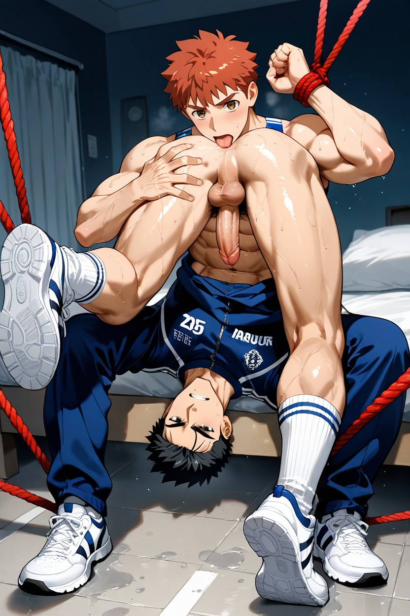Tongue In His Anus, The Top Fondled Bottom's Flaccid Penis With His Hand, Dominated By Top AI Gay Porn