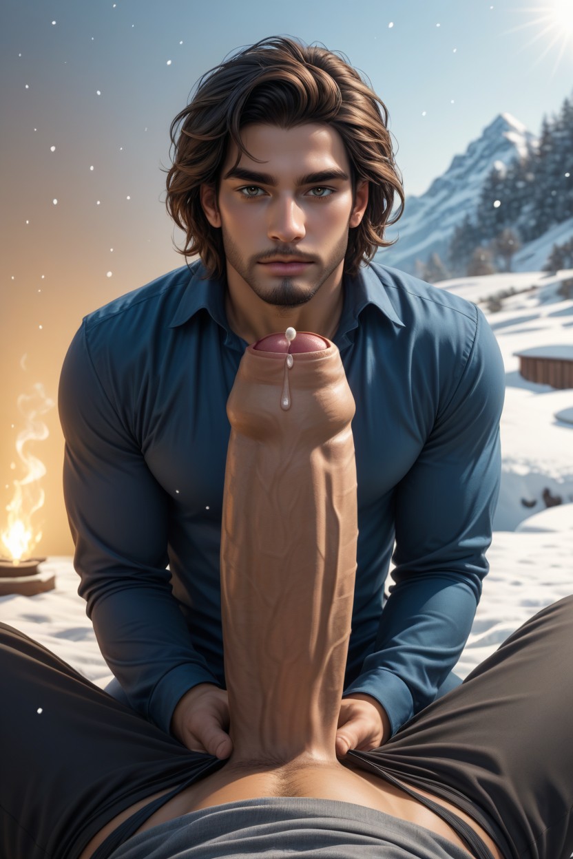Award Winning Photograph, Facial Hair, Thick Clear Precum Dripping Out Of Tip AI Gay Porn