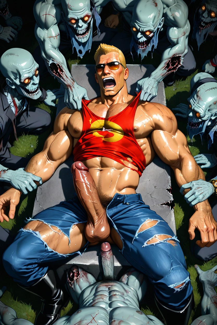 Pecs Exposed, Hairy Body, Zombies Ripping Duke Nukem's Clothing AI Gay Porn