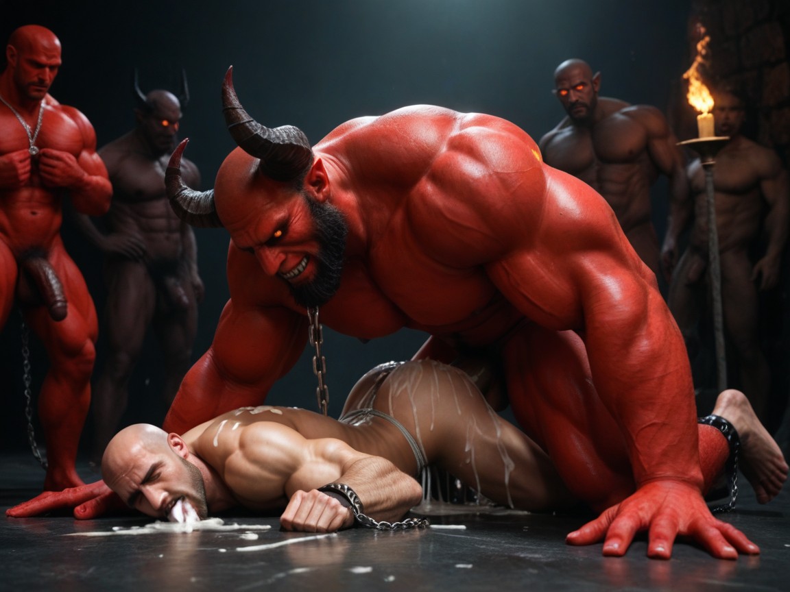 Chains On Arms And Legs, Multiple Red Demons Fuck Human, Scary Sex Demon AI Gay Porn