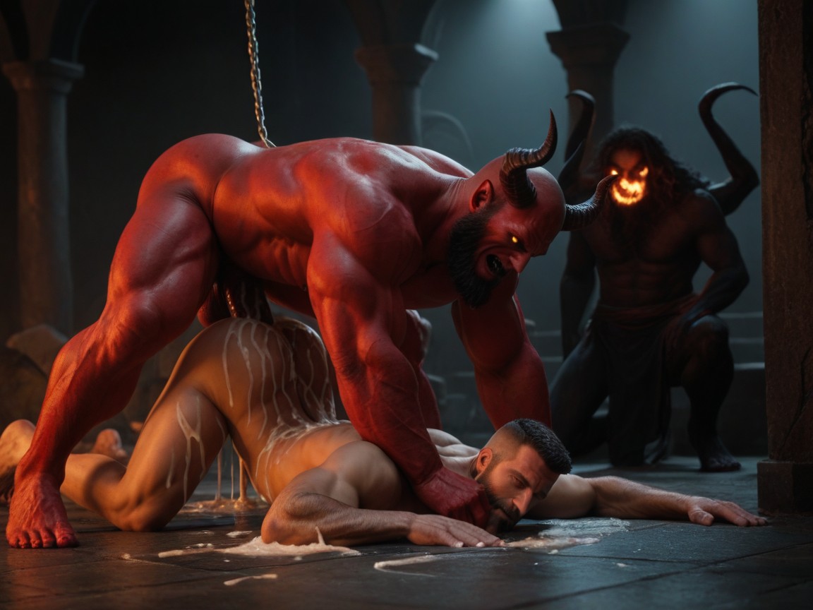 Receiving Anal Sex From Red Demons With Massive Cocks And Horns, Chains On Arms And Legs, Demons Bigger Than Human AI Gay Porn