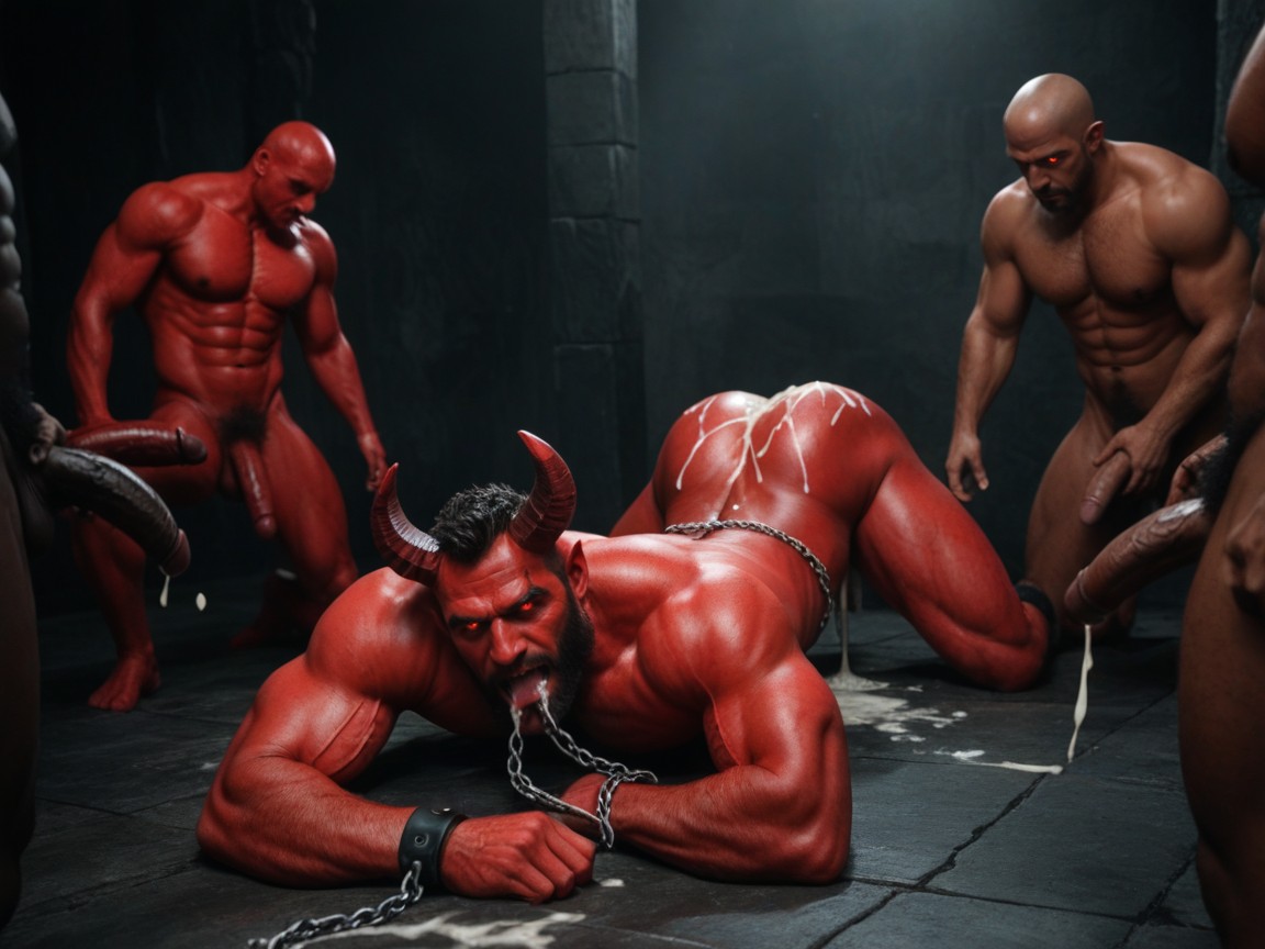 Tied Down On Floor, Receiving Multiple Cocks, Anal Sex From Red Demon Cocks AI Gay Porn
