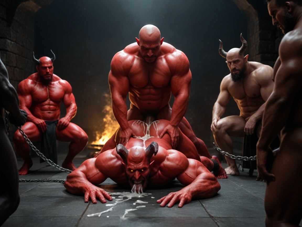 Devil Horns, Cum Everywhere, Submissive Human Male Bottom AI Gay Porn