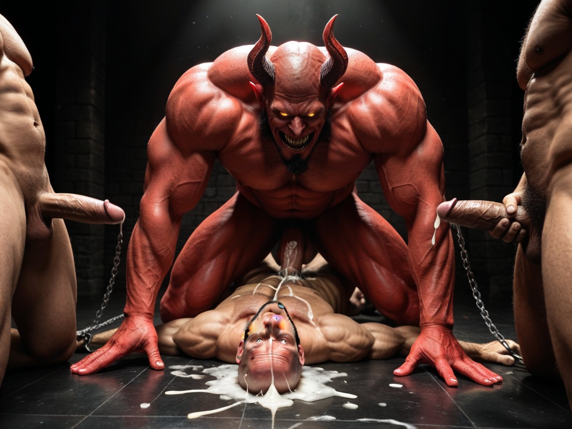 Dark Room With Red Lighting, Demons Bigger Than Human, Demons Wrestling Man AI Gay Porn