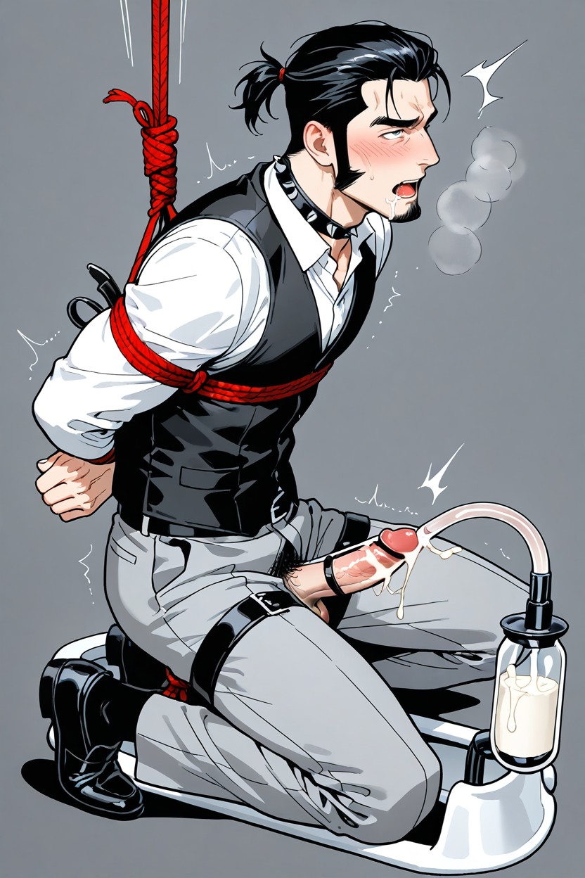 Transparent Penis Pump Milking Component Encapsulating His Cock, Spiked Black Leather Choker Collar, Black Hair AI Gay Porn