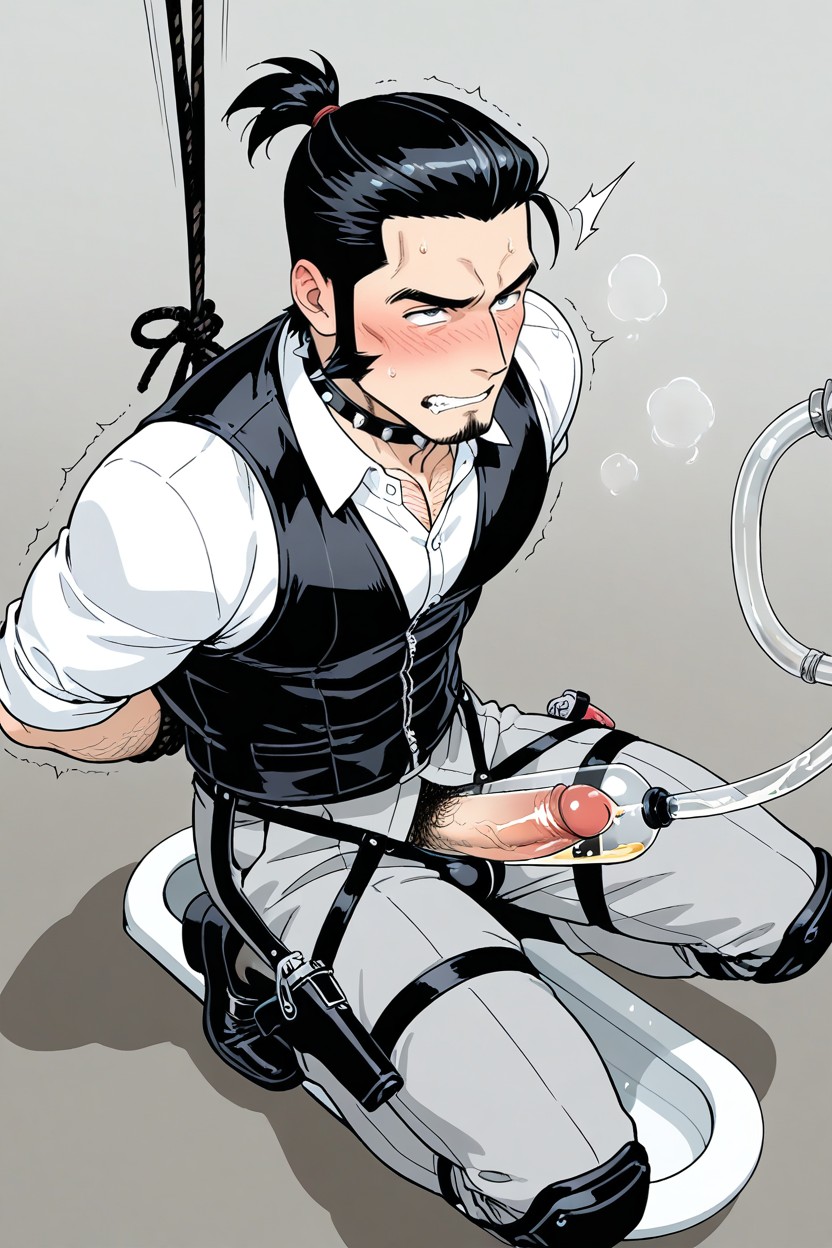 Penis Pump Transparent Tube Milking Urine From Biker’s Cock, Fit, Suspended By Rope From Above AI Gay Porn