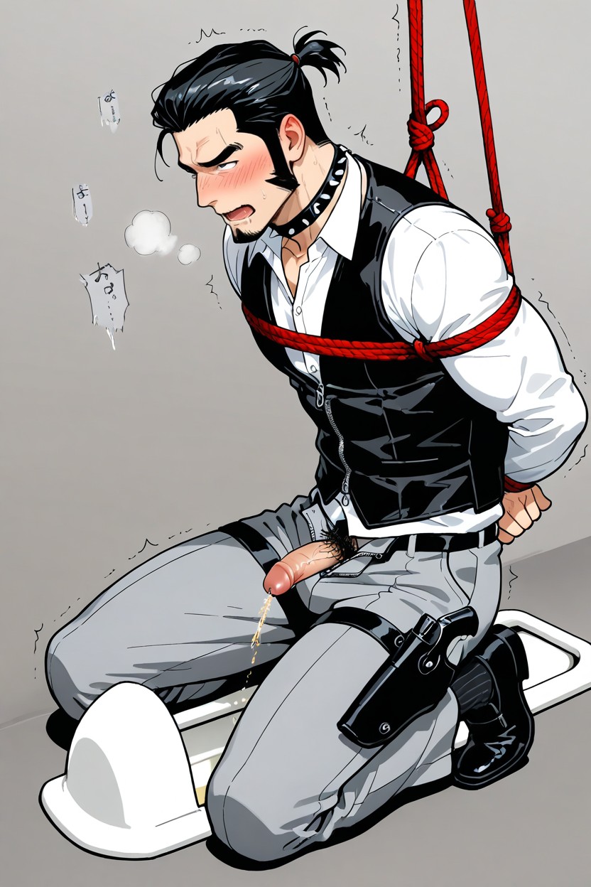 Wearing White Shirt, Blush, Kneeling Foot Tall Goth Motorcycle Biker In Bondage AI Gay Porn