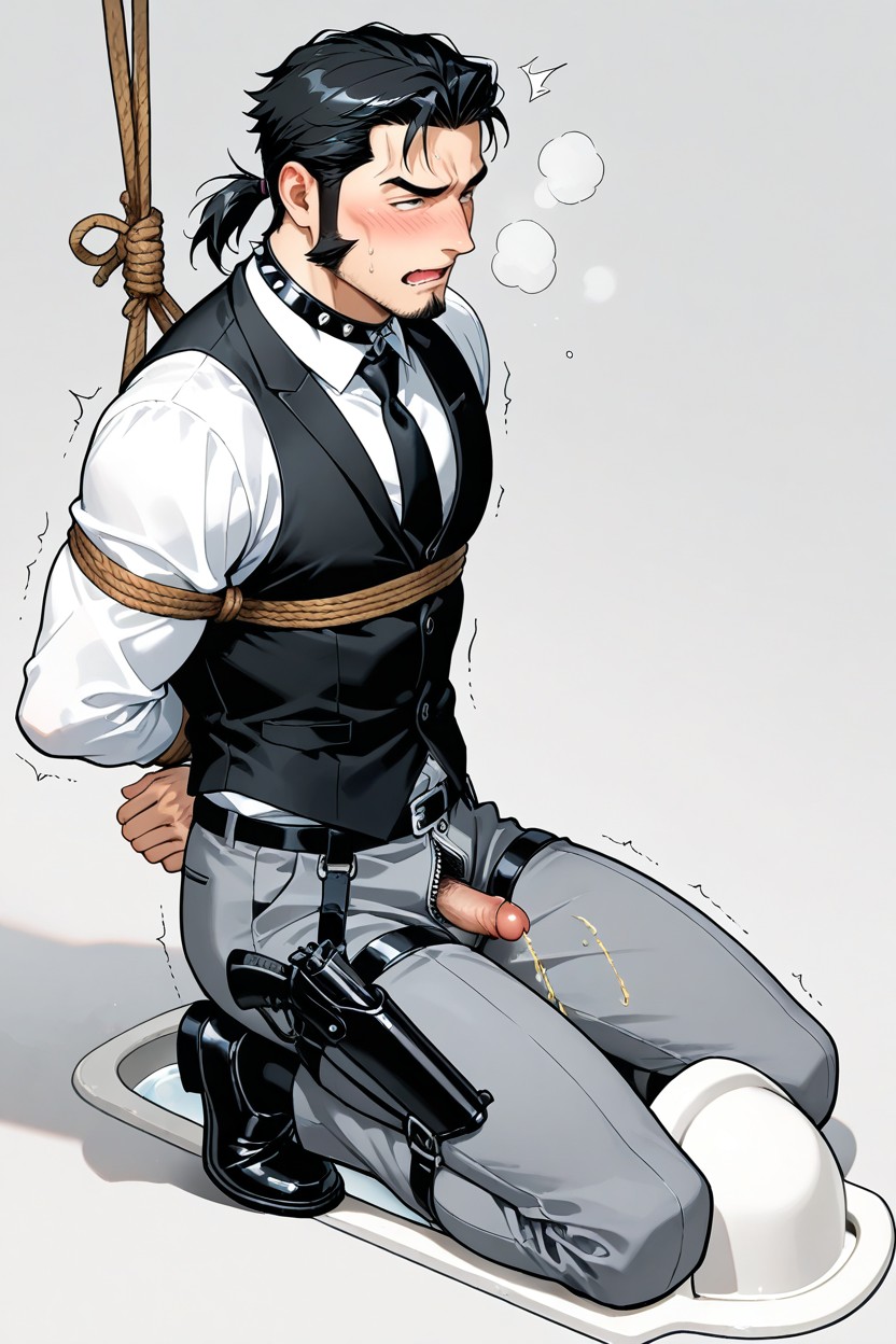 Chiseled Jawline, Spiked Black Leather Choker Collar, Urinating AI Gay Porn