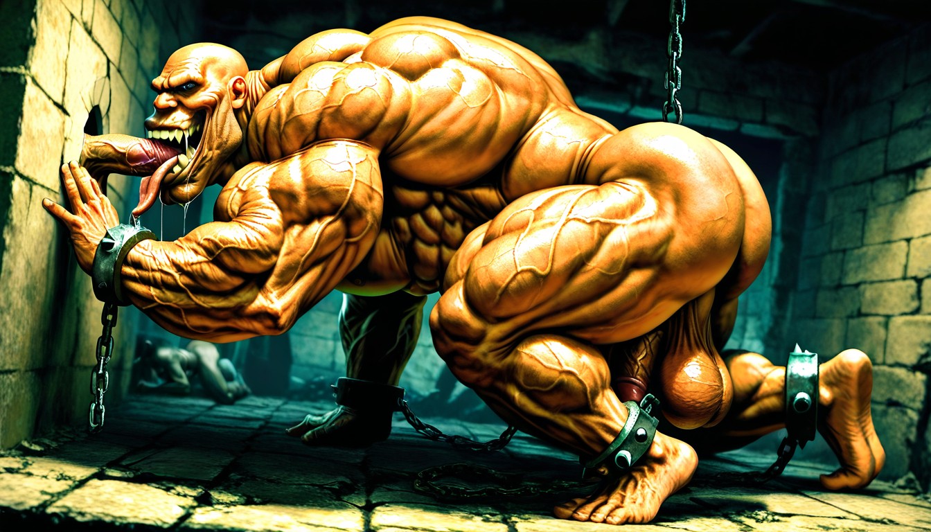 Hyper Muscles, Dark Tanned Skin, Ultra Wide Angle AI Gay Porn