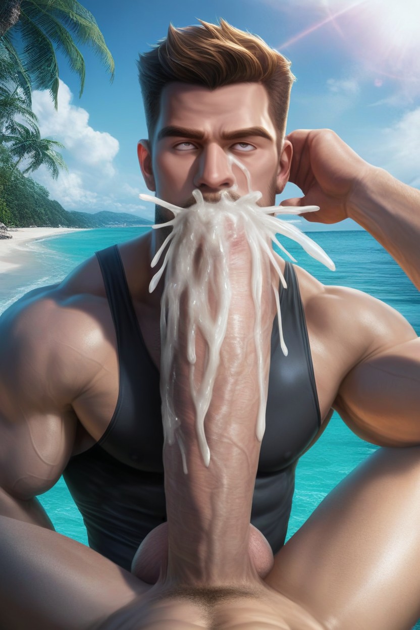 Hyper Thick Cock, Handsome Bearded Face, Holding Other Man's Giant Penis With Both Hands AI Gay Porn