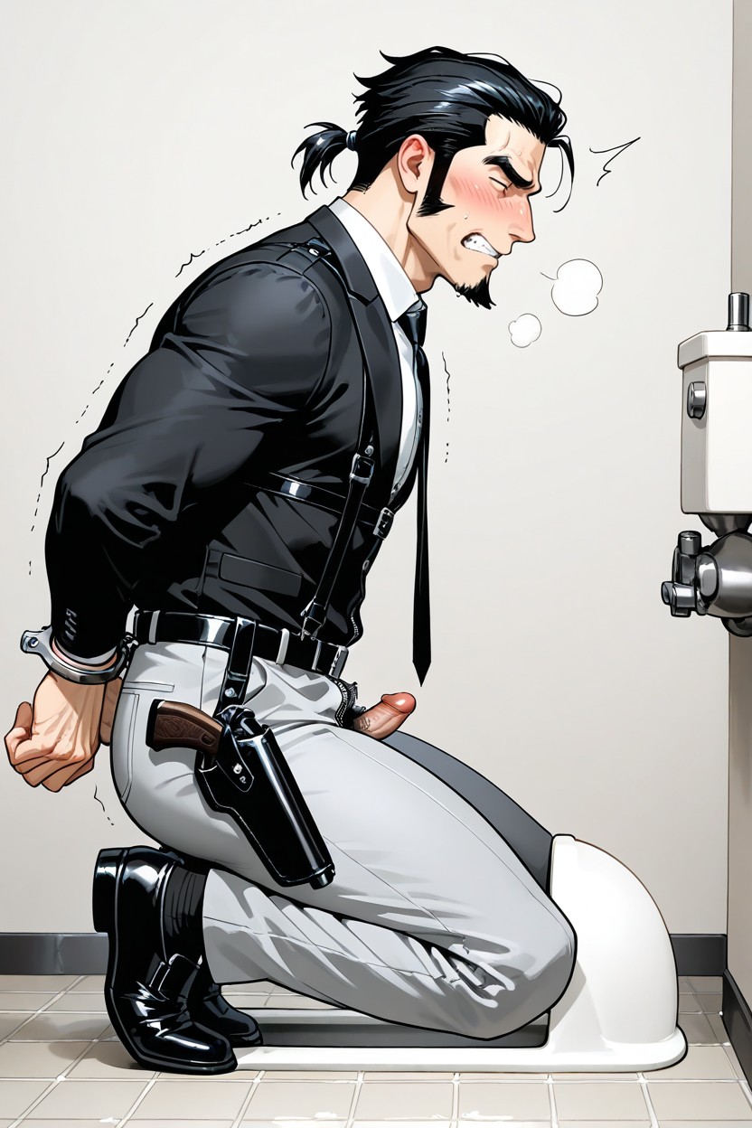 Urinating Cock, Gray Background, Slicked Back Ponytail Hairstyle AI Gay Porn