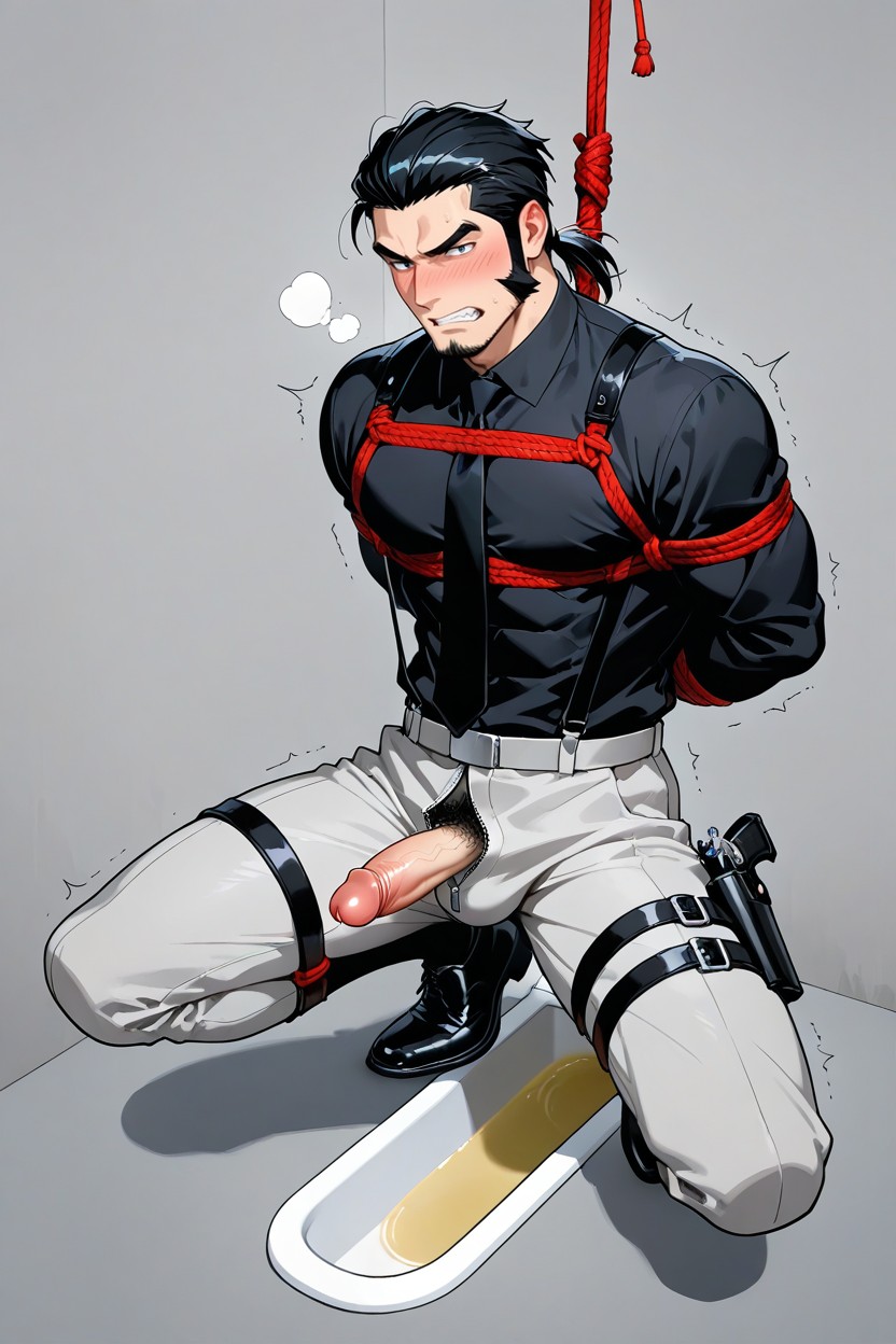 Black Suspenders, Japanese Style Squat Toilet, Suspended In The Air AI Gay Porn