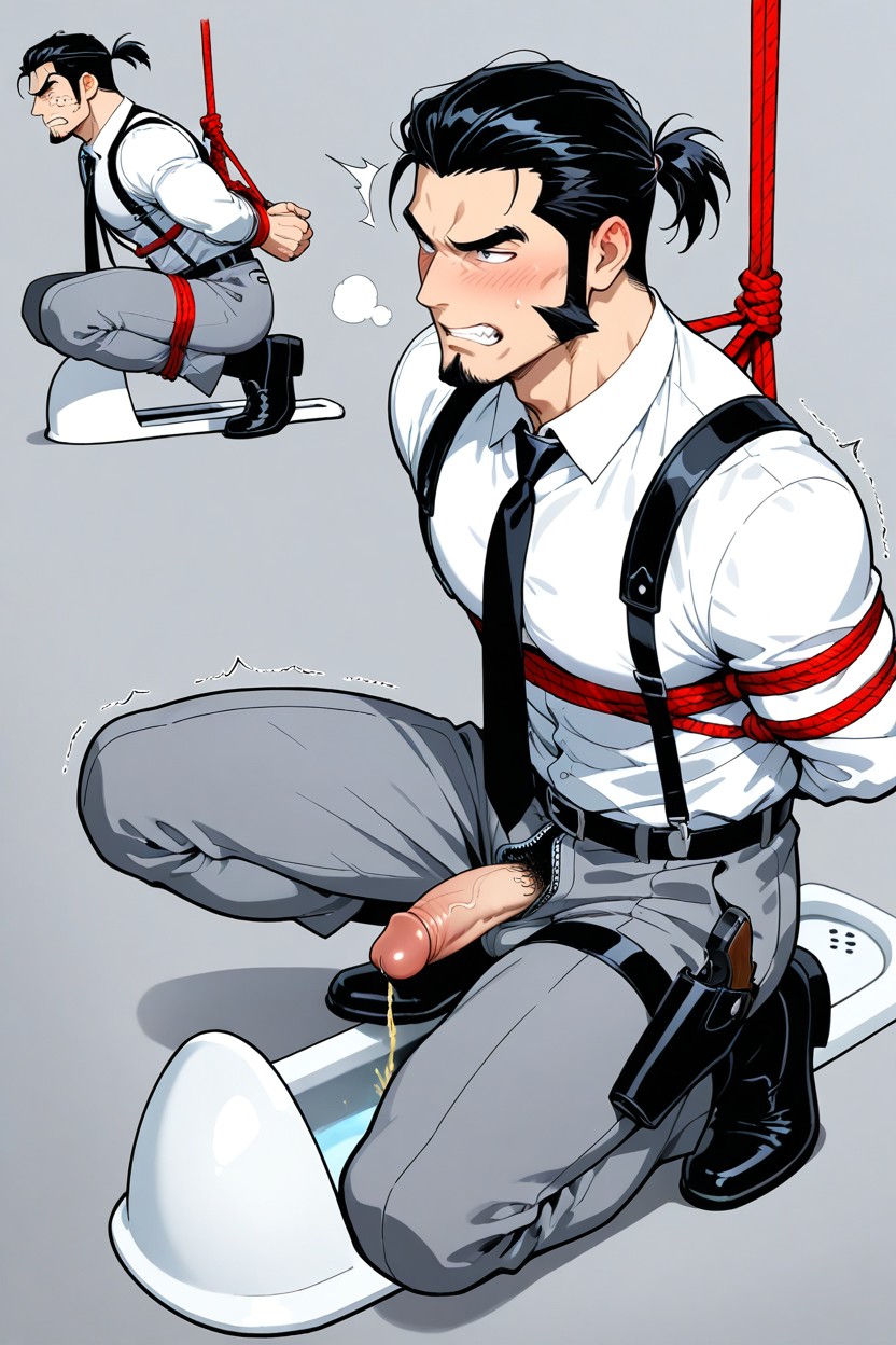Solo, Suspended In The Air, Urinating From His Penis While Kneeling With Legs Spread Apart AI Gay Porn