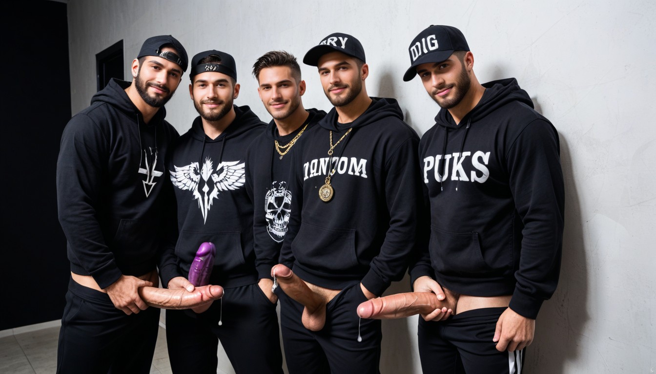Cap Purple Letters Buckfuck, Full Beard, Smirking AI Gay Porn